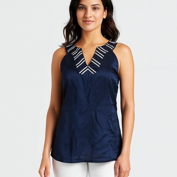 Y2K Size 4 Navy Satin Halter Top With Embroidered Collar Detail Retro Vibe - Picture 1 of 4